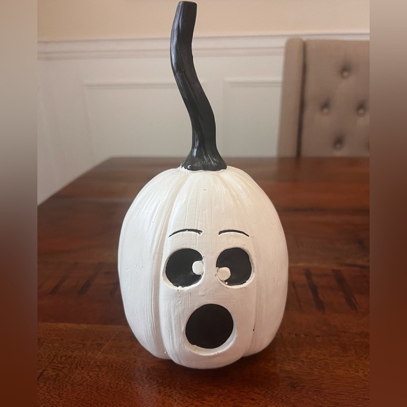 Halloween Resin White Pumpkin Ghost Figurine 9.5” Tabletop Fall Decoration - Picture 1 of 2